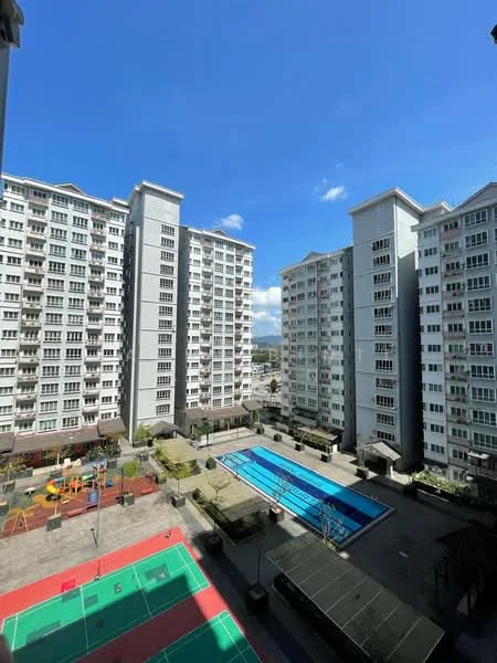 Exterior type: high-rise condominium; features: swimming pool, children's playground, basketball court, tennis court, manicured landscaping, multiple high-rise buildings, open courtyard area, clear blue sky; style: modern.