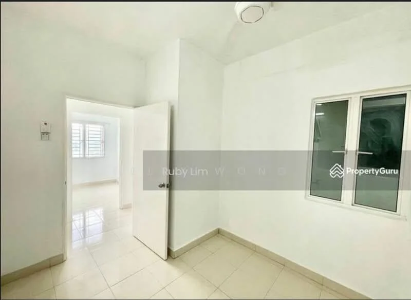 Room features: white painted walls, tile flooring, ceiling light fixture, window with white frame, door with white finish, neutral color scheme; style: modern.