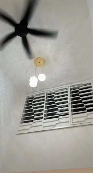 Room features: ceiling fan, 2 pendant lights, white walls, window with louvered shutters.
