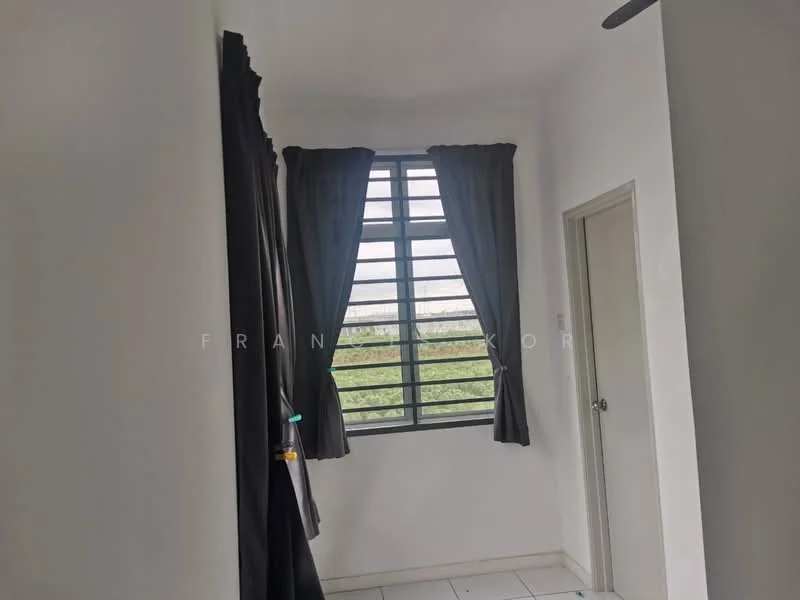 Room features: white painted walls, grey floor tiles, black curtains, window with multiple panes, door, ceiling fan; view: garden.