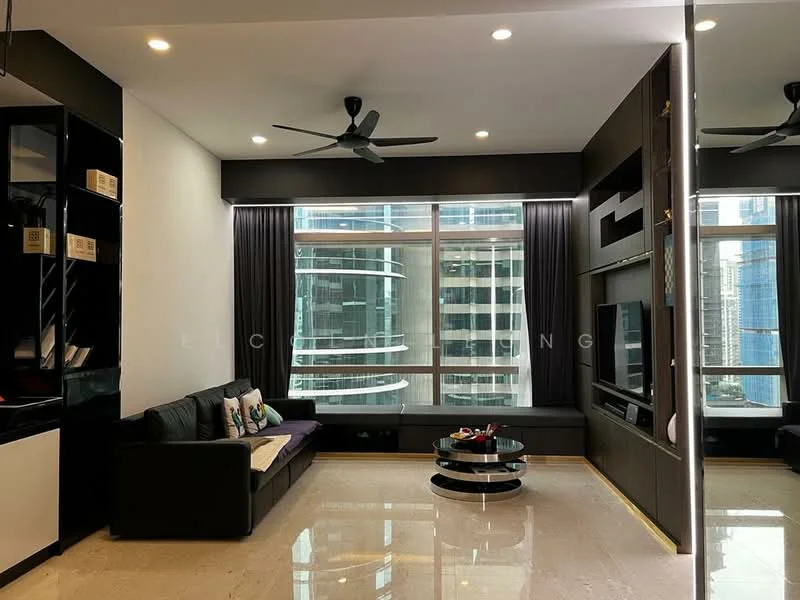 Living features: 3-seater fabric sofa in dark grey, decorative cushions, coffee table with circular glass top, wall-mounted TV, built-in cabinetry, floor-to-ceiling windows, curtains in dark grey, ceiling fan, marble flooring, accent wall with shelving; style: modern; view: city.