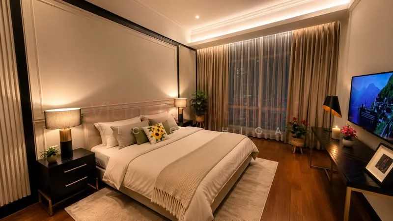 Bedroom features: king-size bed with white bedding, upholstered headboard, two bedside lamps with black shades, wooden nightstands, decorative throw pillows with floral pattern, large window with sheer curtains, wooden flooring, wall-mounted TV, framed artwork on wall, potted plants, decorative flowers, recessed ceiling lights, crown moulding; style: modern; view: city.
