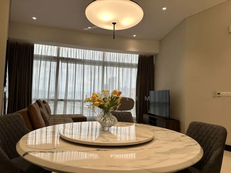 Dining features: round marble dining table, upholstered dining chairs, chandelier light fixture, floor-to-ceiling windows, sheer curtains, decorative vase with flowers, wooden sideboard, wall-mounted TV, sofa in background, neutral wall color, recessed ceiling lights; style: modern; view: city.