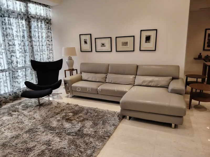 Living features: 3-seater leather sofa in light grey, chaise lounge, area rug with shaggy texture, floor-to-ceiling windows with sheer curtains, decorative framed artwork on walls, table lamp with white shade, dark wood side table, black accent chair, marble flooring; style: modern.