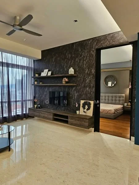 Living features: 5-blade ceiling fan with light, floor-to-ceiling windows with sheer curtains, dark accent wall with textured finish, light-colored marble flooring, wooden TV console, open shelving, decorative artwork on wall, area rug, recessed ceiling lights; style: modern; view: city.