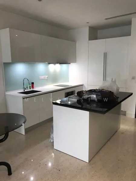 Kitchen features: white flat-panel cabinets, black granite countertop, single-bowl stainless-steel sink, chrome pull-down faucet, built-in oven, stainless-steel refrigerator, ceramic tile flooring, backlit glass backsplash, island with seating area, recessed downlights, open shelving; style: modern.