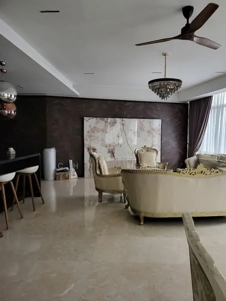 Living features: cream upholstered sofa with ornate detailing, chandelier, 5-blade ceiling fan, marble flooring, dark accent wall, large artwork on wall, floor-to-ceiling windows with sheer curtains, bar counter with high stools; style: luxury.