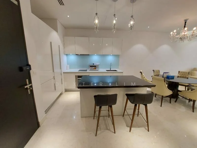 Kitchen features: white glossy cabinetry, black countertop, stainless-steel sink, chrome pull-down faucet, built-in microwave, recessed downlights, pendant lighting, marble flooring, bar stools, open layout to dining area; style: modern. Dining features: round dining table, upholstered dining chairs, chandelier, decorative wall, open layout to kitchen; style: modern.