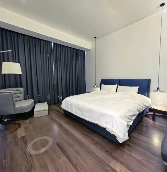Bedroom features: king-size bed with white bedding, upholstered blue headboard, two pendant lights on either side of the bed, dark grey curtains, wooden flooring, armchair in grey fabric, small white bedside table, decorative wall art, recessed ceiling lights; style: modern.