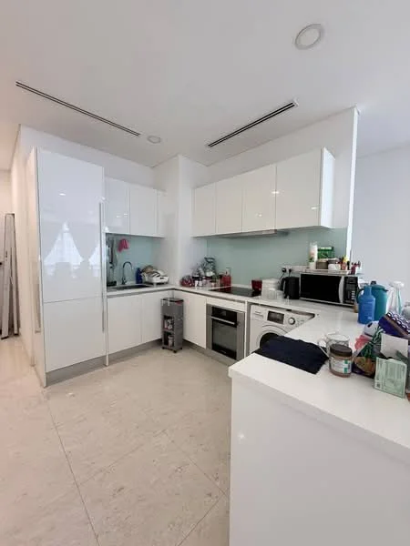 Kitchen features: white cabinetry, stainless-steel refrigerator, built-in oven, freestanding range oven, microwave, dishwasher, white quartz countertop, glass backsplash, single-bowl stainless-steel sink, chrome pull-down faucet, tile flooring, recessed downlights; style: modern.