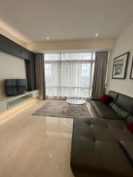 Living features: 3-seater leather sofa in dark grey, coffee table with metal frame, wall-mounted TV, built-in TV console with storage, marble flooring, floor-to-ceiling windows, sheer curtains, decorative artwork on walls, area rug with neutral tones, recessed downlights; style: modern; view: city.