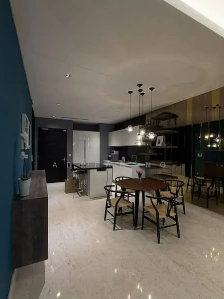 Dining features: round wooden dining table, 4 black wooden chairs, pendant lighting with multiple bulbs, marble flooring, blue accent wall, white walls, open layout to kitchen, decorative wall art; style: modern. Kitchen features: white cabinetry, black countertop, stainless-steel sink, built-in oven, freestanding range oven, refrigerator, glass panel partition, modern appliances; style: modern.