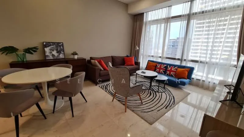 Living features: 3-seater fabric sofa in grey, 2-seater fabric sofa with Union Jack design, round dining table with white top, 4 upholstered dining chairs in light grey, area rug with circular pattern, large floor-to-ceiling windows with sheer curtains, wooden sideboard, decorative wall art, marble flooring, TV console, wall-mounted TV; style: modern; view: city.