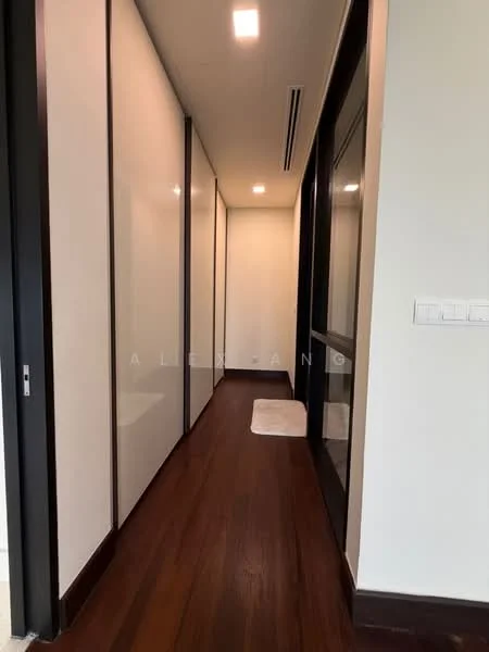 Hallway features: wood flooring, white painted walls, recessed downlights, glass panel doors, built-in cabinetry, neutral color scheme, runner rug, modern design; style: modern.