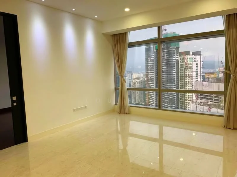 Living features: white painted walls, marble tile flooring, floor-to-ceiling windows, sheer curtains, recessed downlights, city view, neutral colour scheme, open layout; style: modern; view: city.
