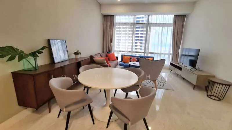 Living features: cream painted walls, marble flooring, floor-to-ceiling windows, sofa in blue with orange and white cushions, round dining table with white top, 4 upholstered dining chairs in grey, wooden sideboard, TV console, wall-mounted TV, decorative plant, area rug with geometric pattern, decorative artwork on wall; style: modern; view: city.