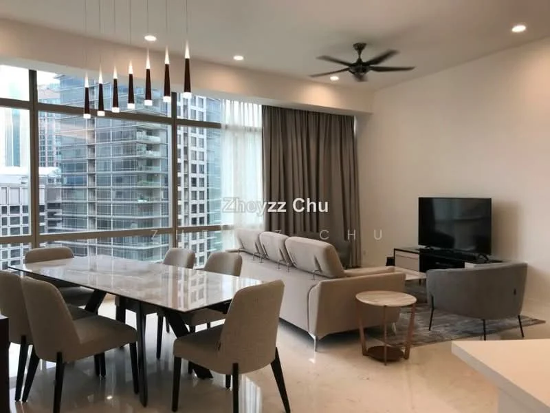 Living features: marble flooring, floor-to-ceiling windows, grey fabric sofa, 3-seater sofa, light wood dining table, 6 upholstered dining chairs, pendant lighting with multiple bulbs, wall-mounted TV, coffee table, ceiling fan with light, curtains, decorative wall art; style: modern; view: city.