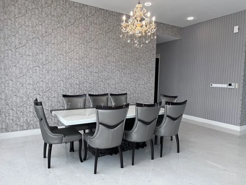 Dining features: rectangular dining table with white marble top, 8 upholstered dining chairs in grey, chandelier with multiple bulbs, decorative wallpaper with floral pattern, grey striped accent wall, white tiled flooring, wall-mounted control panel, crown moulding; style: modern.