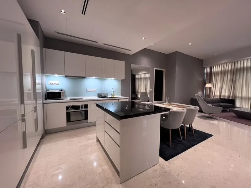 Kitchen features: white cabinetry, black countertop, stainless-steel sink, chrome pull-down faucet, built-in oven, microwave, 4-burner gas hob, refrigerator, pendant lighting, marble tile flooring, recessed downlights, open shelving, dining table with 4 chairs, area rug, floor-to-ceiling windows; style: modern.
