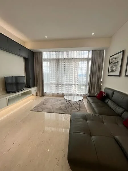 Living features: 3-seater leather sofa in dark grey, coffee table with glass top, wall-mounted TV, TV console with storage, marble flooring, floor-to-ceiling windows, sheer curtains, decorative wall art, area rug with neutral tones, recessed downlights; style: modern; view: city.