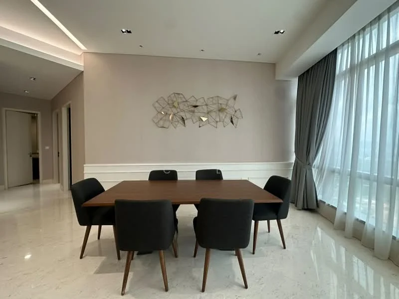 Dining features: 6-seater dining table, dark wood table, upholstered dining chairs in black, large floor-to-ceiling windows, sheer curtains, decorative wall art, cream painted walls, marble flooring, recessed downlights, crown moulding; style: modern; view: city.