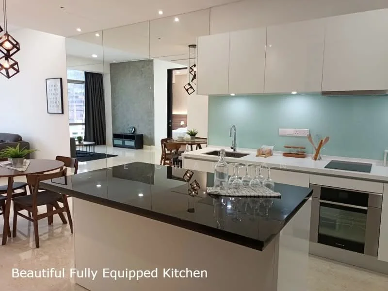 Kitchen features: white cabinetry, black granite countertop, stainless-steel sink, chrome pull-down faucet, built-in oven, induction cooktop, glass backsplash, recessed downlights, pendant lights, open shelving, bar stools, marble flooring, dining area adjacent, floor-to-ceiling windows, view of living area; style: modern.
