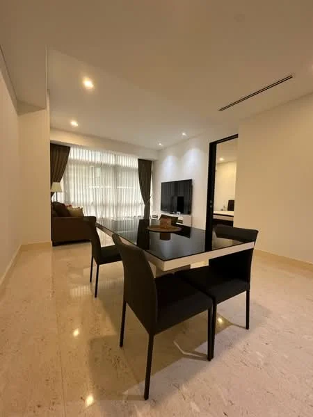 Dining features: black dining table with white top, 4 black dining chairs, marble flooring, recessed downlights, floor-to-ceiling windows, sheer curtains, wall-mounted TV, light brown sofa, decorative mirror, neutral painted walls; style: modern.
