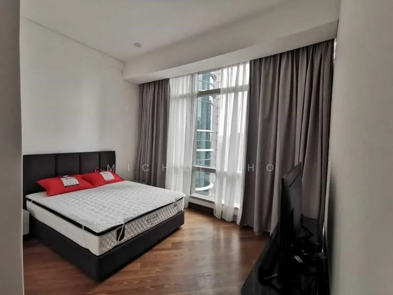 Bedroom features: king-size bed with upholstered headboard, red decorative pillows, wooden flooring, floor-to-ceiling windows, sheer curtains, blackout curtains, wall-mounted TV, TV console, white painted walls, recessed ceiling lights; style: modern; view: city.