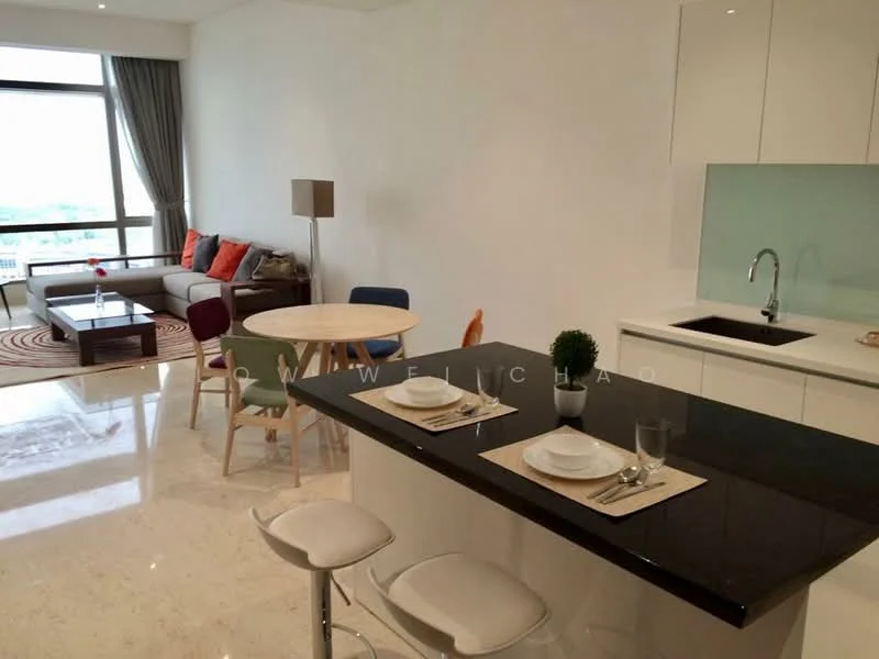 Living features: white painted walls, marble flooring, floor-to-ceiling windows, grey curtains, sofa in beige, round dining table, 4 dining chairs in various colors, kitchen island with black countertop, single-bowl stainless-steel sink, modern cabinetry, decorative plant on countertop, area rug with circular pattern; style: modern; view: city.