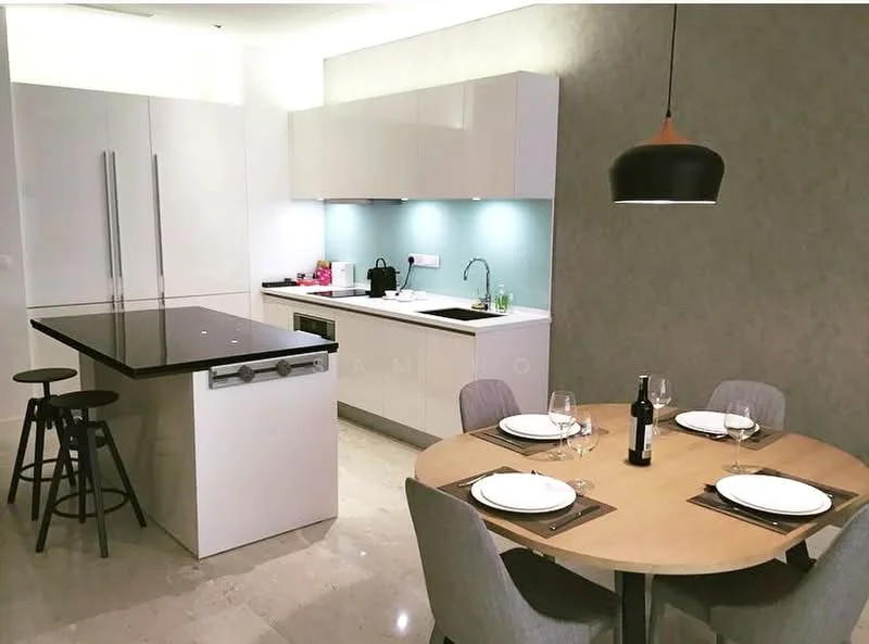 Kitchen features: white cabinetry, black countertop, stainless-steel sink, chrome pull-down faucet, built-in refrigerator, built-in oven, 4-burner gas hob, pendant light, marble tile flooring, dining table with round top, upholstered dining chairs, wine bottle on table, table settings with plates and glasses; style: modern.