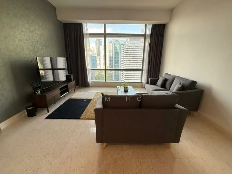 Living features: grey fabric 3-seater sofa, grey fabric 2-seater sofa, wooden coffee table, TV console with storage, wall-mounted flat-screen TV, area rug with geometric pattern, floor-to-ceiling windows, curtains, marble tile flooring, decorative plant in pot, city skyline view; style: modern; view: city.