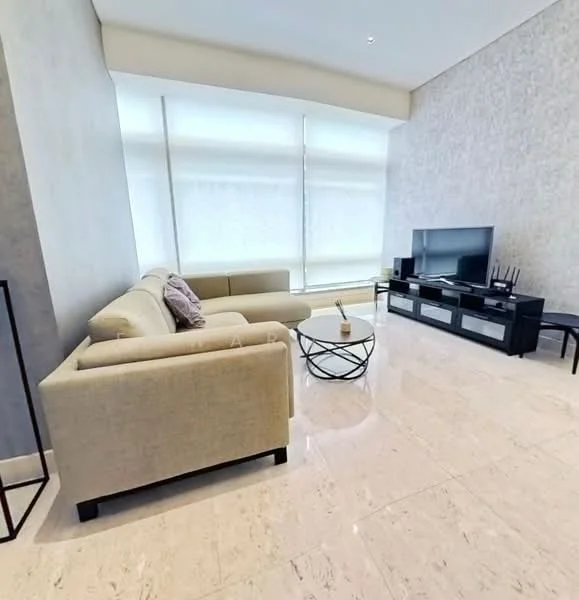 Living features: beige fabric 3-seater sofa, beige fabric 2-seater sofa, round coffee table with black metal frame, flat-screen TV on black console, black entertainment unit, marble tile flooring, light grey accent wall, floor-to-ceiling windows with sheer blinds, decorative throw pillow, wall-mounted TV, area rug; style: modern.