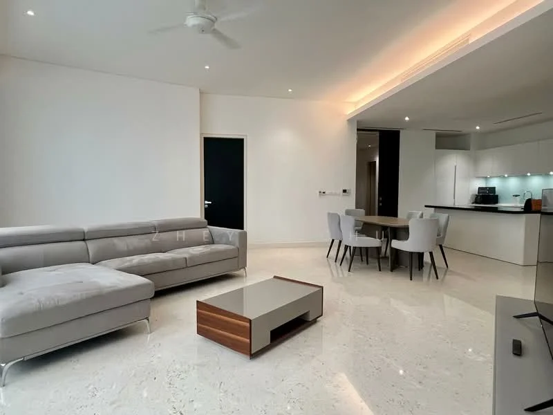 Living features: 3-seater fabric sofa in light grey, coffee table with wooden base, marble tile flooring, recessed downlights, ceiling fan, wall-mounted TV, open layout to dining area, large windows for natural light; style: modern. Dining features: round dining table, upholstered dining chairs, open layout to living area, marble tile flooring, recessed downlights; style: modern. Kitchen features: kitchen island with seating, white cabinetry, stainless-steel appliances, recessed lighting, open layout to dining area; style: modern.