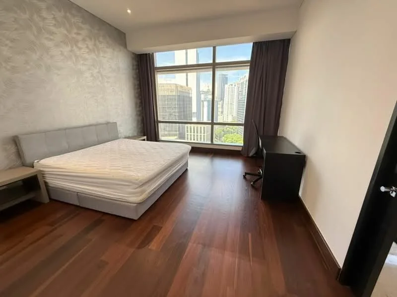 Bedroom features: queen-size bed, upholstered headboard, wooden flooring, floor-to-ceiling windows, city view, curtains, desk, office chair, decorative wall with textured pattern, light fixture; style: modern; view: city.