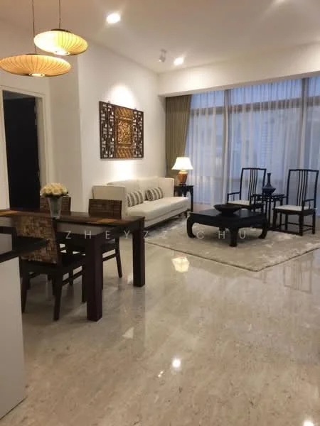 Living features: marble flooring, white painted walls, sofa in cream, coffee table in dark wood, 2 armchairs in black, area rug with neutral tones, floor-to-ceiling windows with sheer curtains, recessed downlights, decorative wall art, table lamp, dining table with 4 chairs in dark wood; style: modern; view: city.