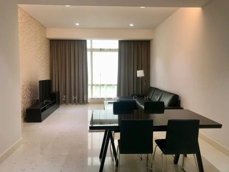 Living features: black leather sofa, glass coffee table, black TV console, wall-mounted TV, dining table with black legs, 4 black dining chairs, cream painted walls, light-colored flooring, floor-to-ceiling windows with sheer curtains, recessed downlights; style: modern.