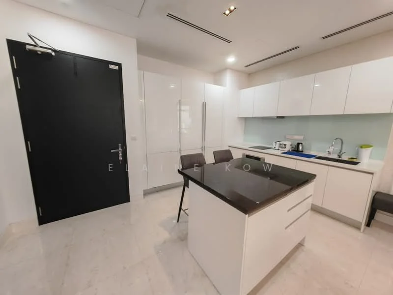 Kitchen features: white glossy cabinetry, black countertop, stainless-steel refrigerator, built-in microwave, kitchen island with seating, single-bowl stainless-steel sink, chrome pull-down faucet, ceramic tile flooring, recessed downlights, wall-mounted cabinets, white backsplash, open shelving, modern bar stools; style: modern.