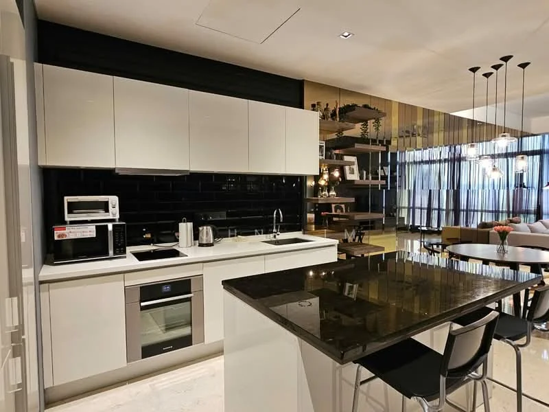 Kitchen features: white flat-panel cabinets, black glossy tile backsplash, black granite countertop, stainless-steel built-in oven, stainless-steel microwave, stainless-steel sink, chrome pull-down faucet, 4-burner electric hob, open shelving, pendant lighting, recessed downlights, bar seating with black chairs; style: modern.