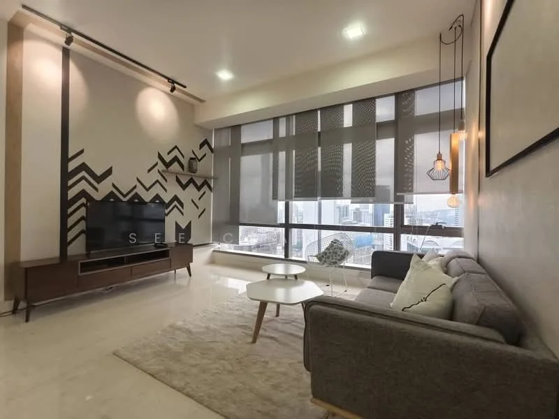 Living features: grey fabric sofa, white coffee table, wooden TV console, wall-mounted TV, decorative wall with geometric pattern, large windows with city view, roller blinds, pendant lighting, area rug with neutral color, recessed ceiling lights, marble flooring; style: modern; view: city.