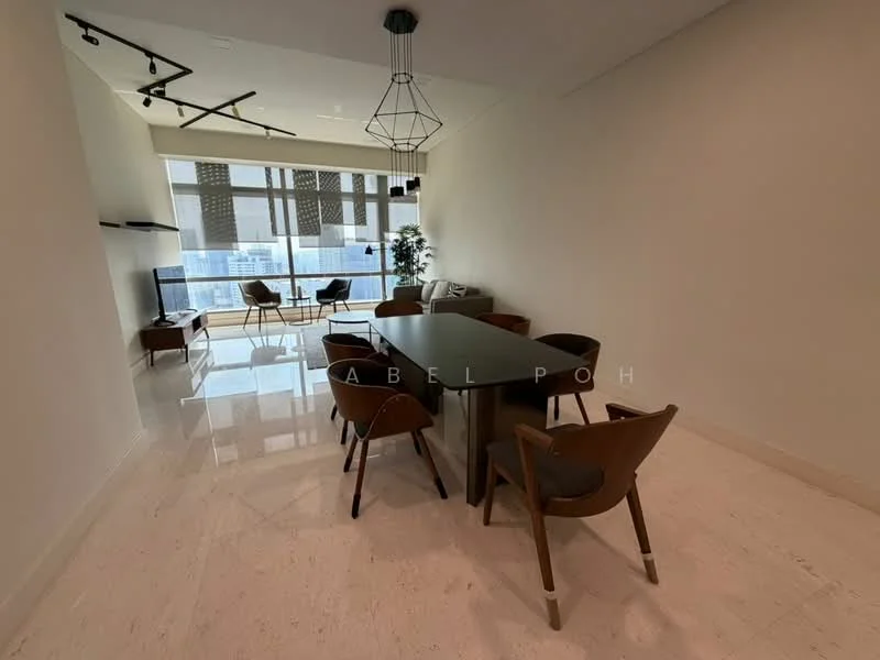 Dining features: marble flooring, white painted walls, black rectangular dining table, 4 brown upholstered dining chairs, pendant light fixture, floor-to-ceiling windows, city view, decorative indoor plant, minimalist decor; style: modern; view: city.