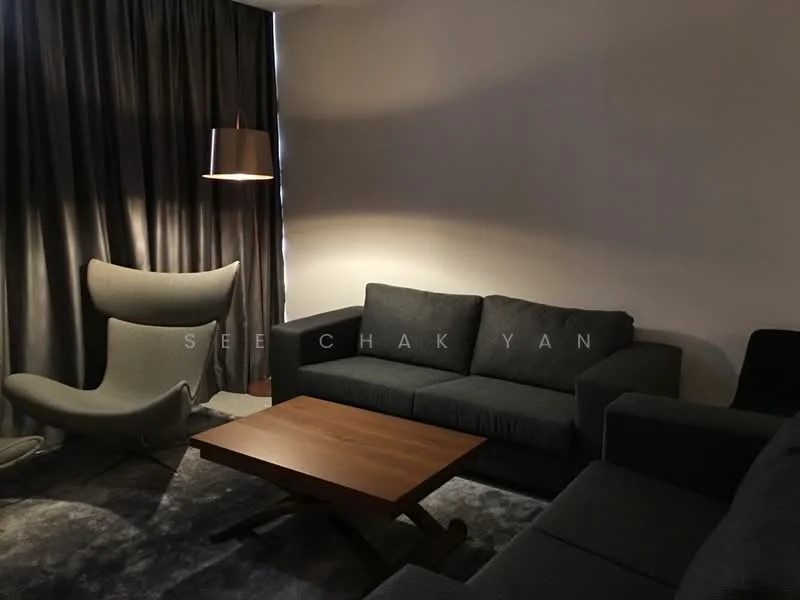 Living features: 3-seater fabric sofa in dark grey, 2-seater fabric sofa in dark grey, wooden coffee table, area rug in grey, floor lamp with shade, curtains in dark grey, accent chair in light grey, wall with neutral paint; style: modern.