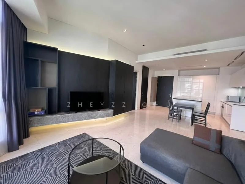 Living features: grey fabric sectional sofa, black coffee table, wall-mounted TV, black feature wall, built-in shelving unit, marble flooring, large windows with sheer curtains, dining table with four black chairs, recessed lighting, neutral wall color, decorative throw pillows; style: modern.