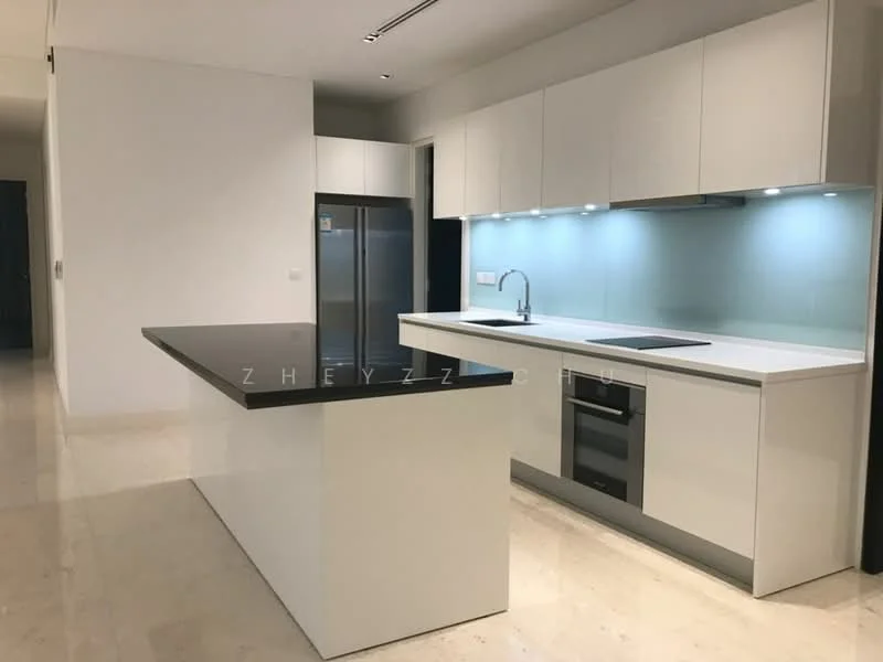 Kitchen features: white cabinetry, black countertop, stainless-steel fridge, built-in oven, induction cooktop, single-bowl stainless-steel sink, chrome pull-down faucet, recessed LED downlights, marble flooring, glass backsplash, island with seating area; style: modern.