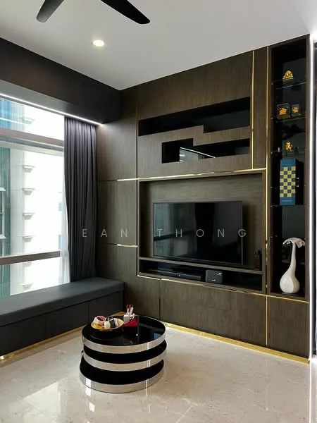 Living features: dark wood feature wall, built-in shelving with decorative items, black television unit, round coffee table with black and gold accents, grey upholstered bench seat, floor-to-ceiling windows, sheer curtains, recessed LED downlights, ceiling fan, marble flooring; style: modern; view: city.