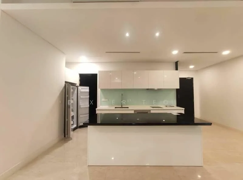 Kitchen features: white cabinetry with flat-panel doors, black granite countertop, stainless-steel fridge, built-in oven, recessed downlights, cream marble flooring, glass backsplash, island with seating area; style: modern.