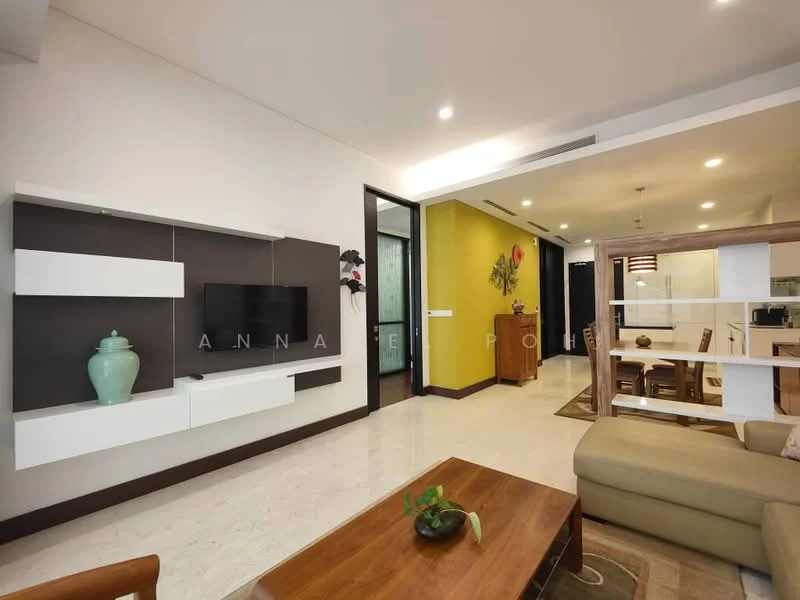 Living features: cream painted walls, white ceiling, recessed downlights, marble flooring, wall-mounted TV, floating TV console in white, green decorative vase, wooden coffee table, beige fabric sofa, area rug with geometric pattern, open layout to dining area, decorative wall art; style: modern.