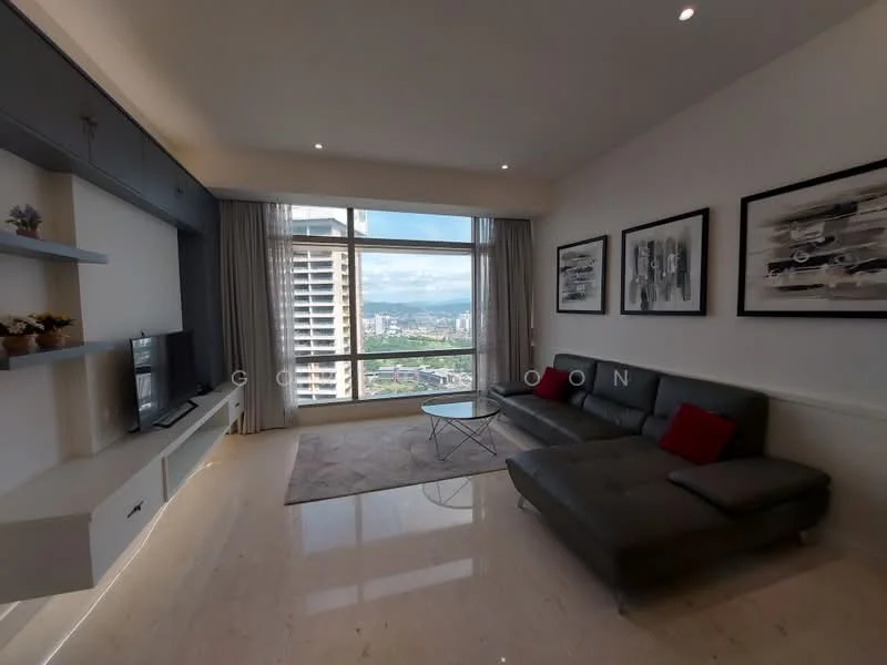 Living features: grey leather sectional sofa, red accent cushion, glass coffee table, wall-mounted TV, built-in shelving unit, white painted walls, marble flooring, floor-to-ceiling windows, curtains, decorative artwork on walls, area rug with neutral tones; style: modern; view: city.