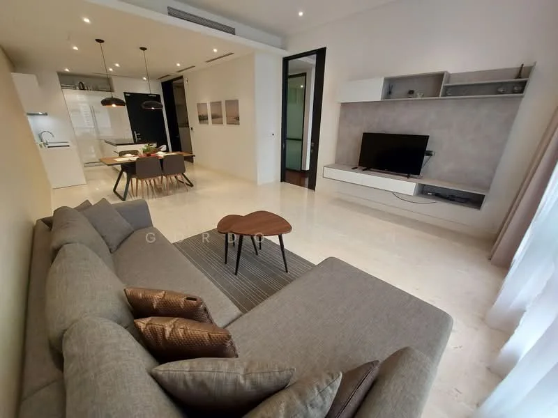 Living features: 3-seater fabric sofa in grey, wooden coffee table, area rug, wall-mounted TV, TV console in white, decorative cushions, large windows with sheer curtains, marble flooring, recessed downlights, pendant lighting, open layout to dining area; style: modern. Dining features: 6-seater dining table, upholstered dining chairs, decorative centerpiece, wall-mounted artwork, open layout to living area; style: modern.