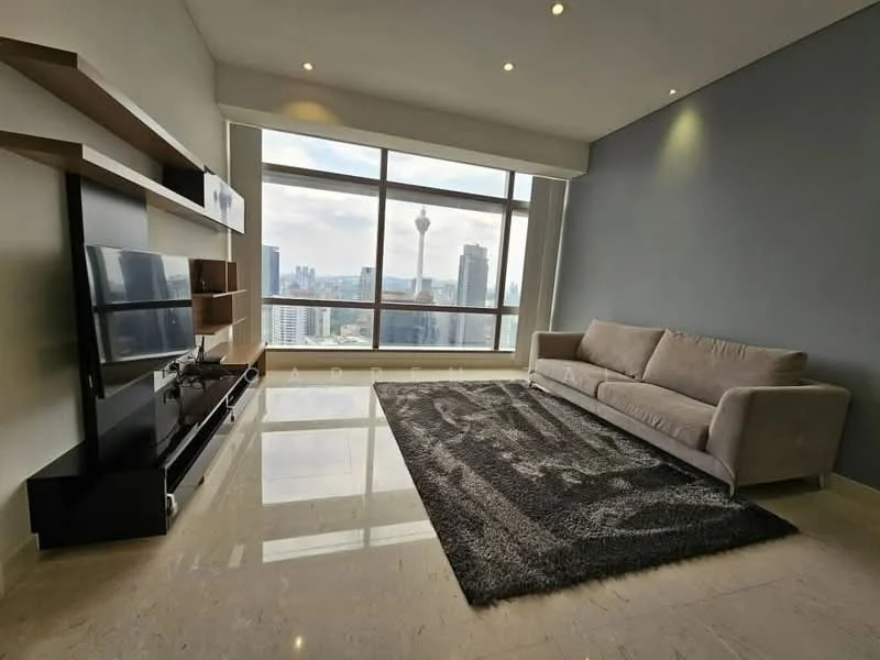 Living features: floor-to-ceiling windows, grey accent wall, light grey fabric sofa, black TV console, wall-mounted TV, floating shelves, area rug with geometric pattern, marble flooring, recessed downlights; style: modern; view: city.