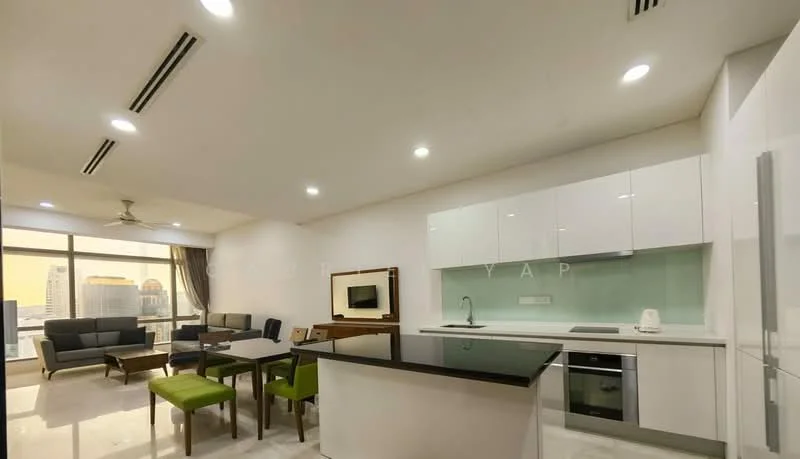 Living features: open-plan layout, floor-to-ceiling windows, city skyline view, cream painted walls, marble tile flooring, 5-blade ceiling fan with light, sofa set in dark fabric, coffee table, dining table with green chairs, kitchen island with black countertop, built-in cabinetry, stainless-steel sink, kettle, microwave; style: modern; view: city.